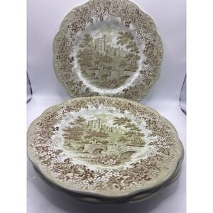 J&G Meakin Romantic England Haddon Hall Green Transferware Plates Set of 4 10 in